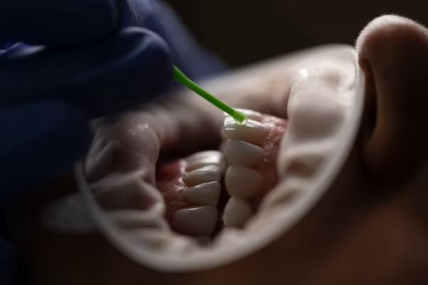 a close-up shot of how veneers are attached to the teeth